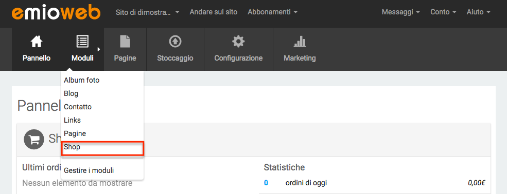 Andare sul modulo shop