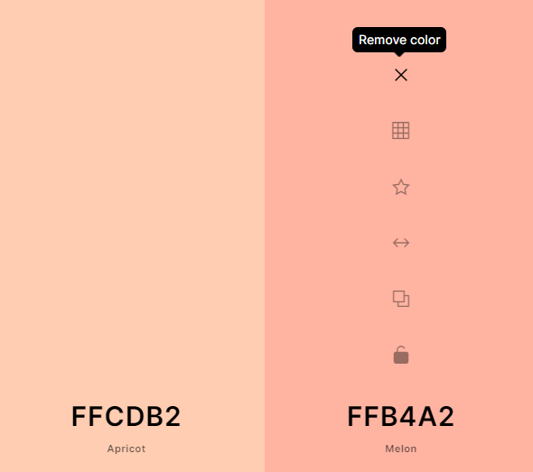Passaggio del mouse su un colore in Coolors
